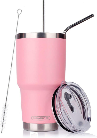 30Oz Tumbler Double Wall Stainless Steel Vacuum Insulated Travel Mug with Splash-Proof Lid Metal Straw and Brush (Pink)