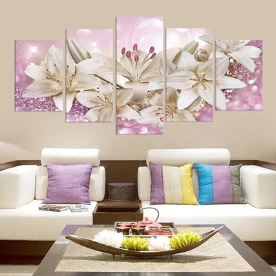 Pink Lily Flowers Floral Canvas Print Wall Art Abstract Painting Picture Decor for Home Living Room Bathroom,Wall Art Canvas Flower Painting 5 Pieces,7.8*11.8 Inches~7.8*19.7 Inches